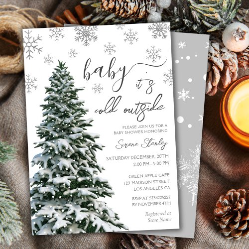 Its Cold Outside  Winter Tree Gray Baby Shower Invitation