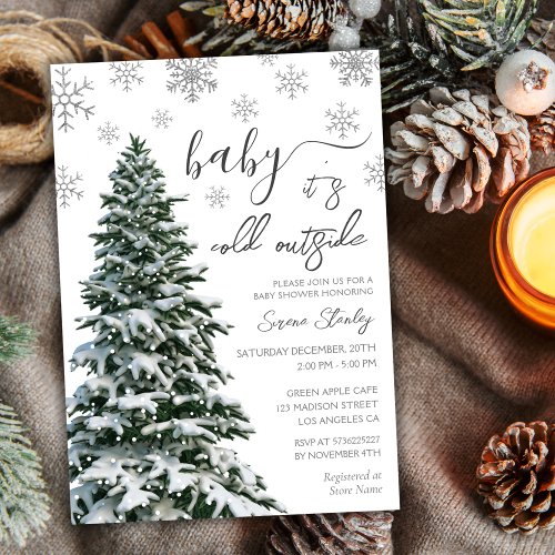 Its Cold Outside  Winter Tree Gray Baby Shower Invitation