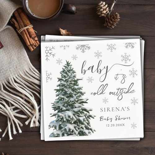 Its Cold Outside  Winter Tree Gray Baby Shower Napkins