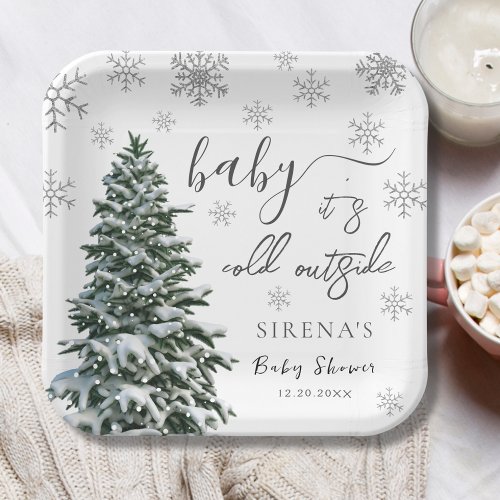 Its Cold Outside  Winter Tree Gray Baby Shower Paper Plates
