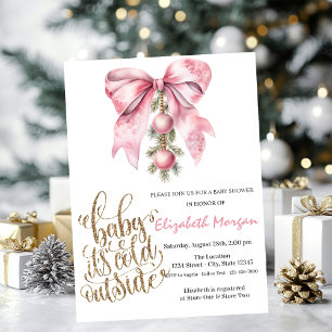 It's Cold Pink Bow Christmas Balls Baby Shower Invitation