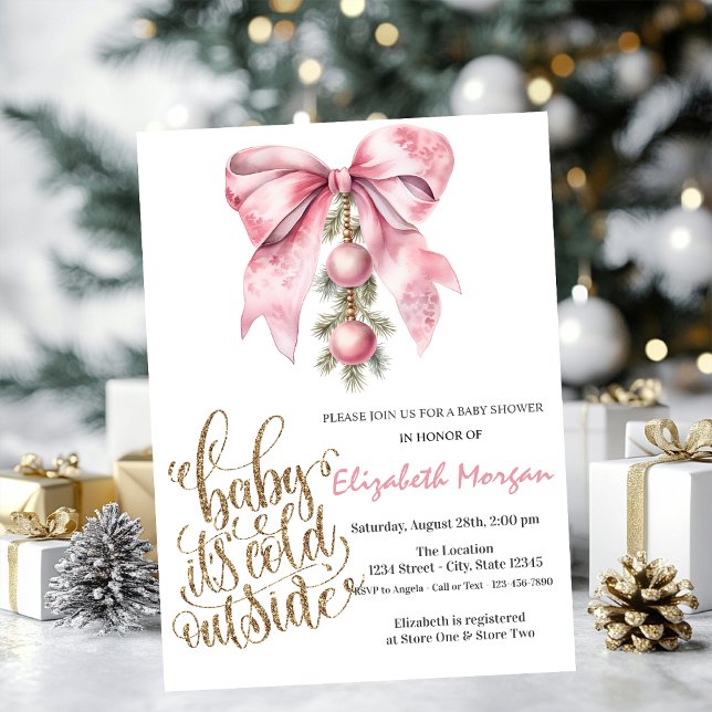 It's Cold Pink Bow Christmas Balls Baby Shower   Invitation (Creator Uploaded)