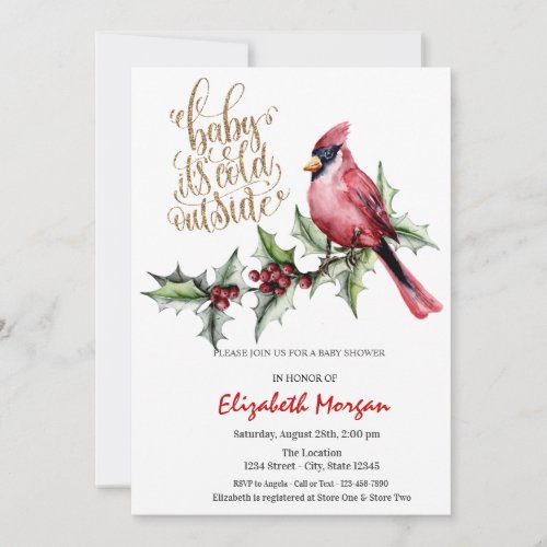 Its Cold Red Cardinal Holly Berry  Baby Shower   Invitation