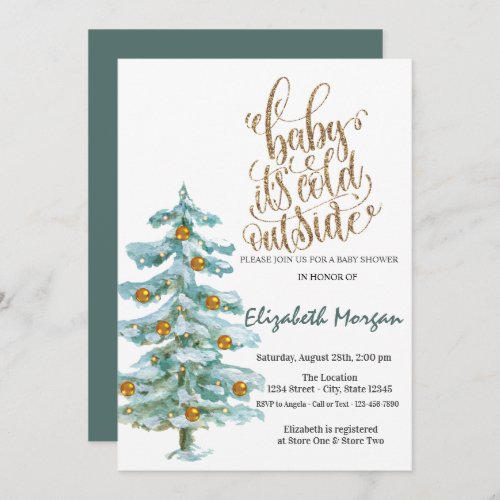 Its Cold Watercolor Pine Tree Baby Shower   Invitation
