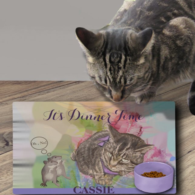 It's Dinner Time!" Funny Cat Feeding Mat (Cat and Mice Purple Food Mat)