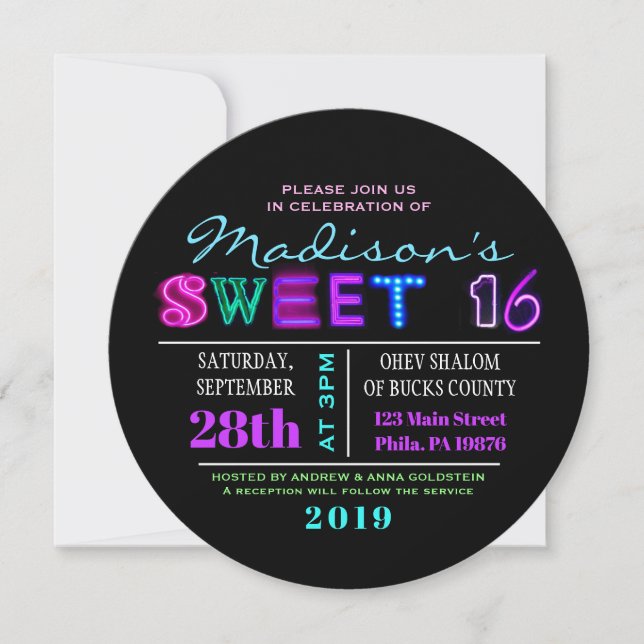 IT'S ELECTRIC! NEON GLOW Sweet Sixteen Invitation (Front)