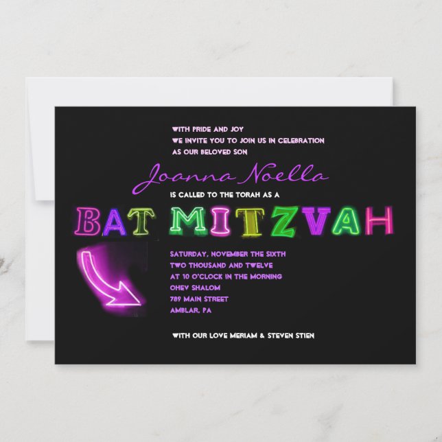 IT'S ELECTRIC!  NEON SIGN Bat Mitzvah Invitation (Front)