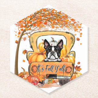 Its Fall Yall Boston Terrier Thanksgiving Pumpkin Paper Coaster