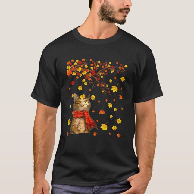 I'ts Fall Y'all Cute Cat Autumn Maple Leaf Falling T-Shirt (Front)