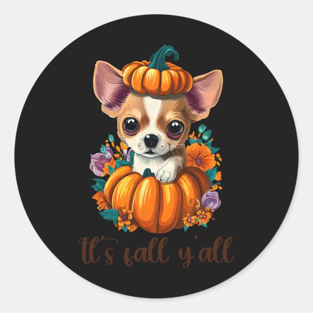 Its Fall Y'all Cute Floral Pumpkin Chihuahua Hallo Classic Round Sticker (Front)