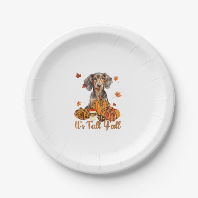Its Fall Y'all Dachshund Dog Fall Scarf Autumn Pum Paper Plates (Front)