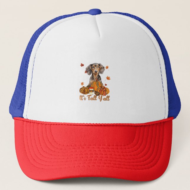 Its Fall Y'all Dachshund Dog Fall Scarf Autumn Pum Trucker Hat (Front)