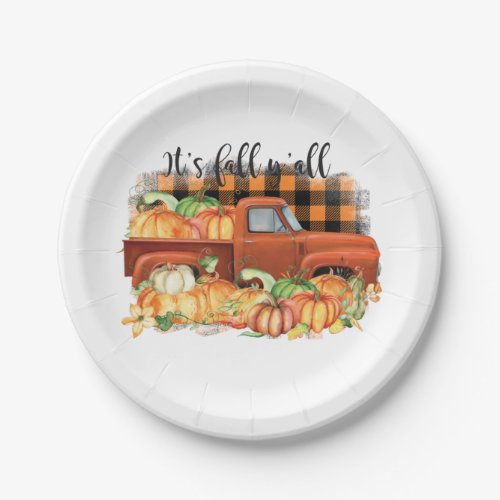 Its Fall Yall Quote  Vintage Truck with Pumpkins Paper Plates