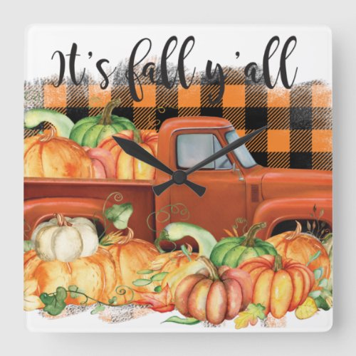 Its Fall Yall Quote  Vintage Truck with Pumpkins Square Wall Clock