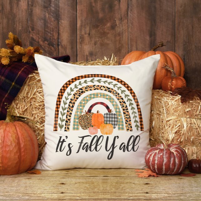 Its Fall Yall Rainbow Orange Plaid Fun Fall Throw Pillow (Creator Uploaded)