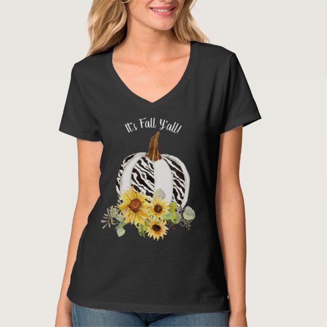 Its Fall Y'all! Sunflower Pumpkins Zebra Striped T-Shirt (Front)