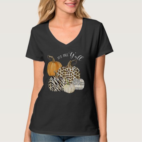 Its Fall Yall  Watercolor Pumpkins Zebra Leopard T_Shirt