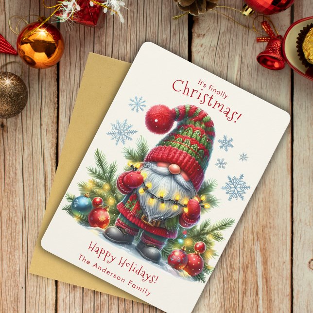 It's Finally Christmas Happy Gnome Lights Red Holiday Card (Creator Uploaded)