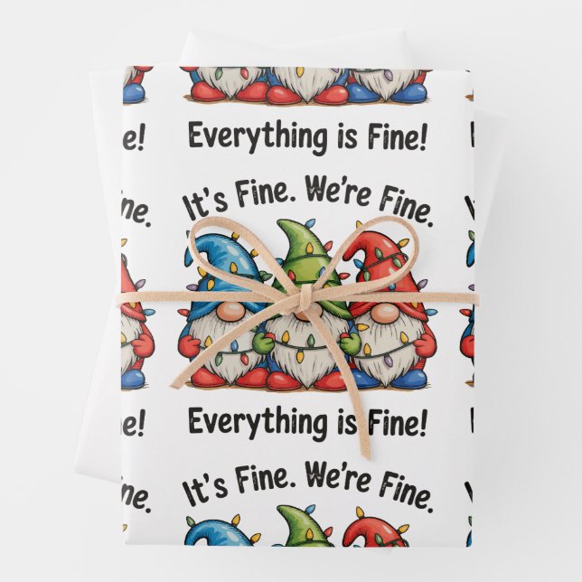 It's Fine We're Fine Everything Is Fine Gnome Xmas Wrapping Paper Sheets (In situ)