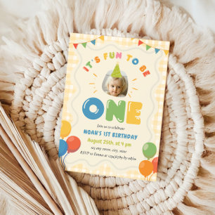 It's Fun to Be One 1st Birthday Photo Gingham Invitation