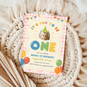 It's Fun to Be One 1st Birthday Photo Red Gingham Invitation