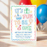 It's Fun to Be One Colorful 1st Birthday Invitation<br><div class="desc">Celebrate your little one’s big milestone with this “Fun to Be One” first birthday invitation. This playful design features cheerful hand-drawn doodles in bright primary colors for a fun, modern party vibe. The back of the invitation includes a photo area framed with colorful stripes, making it a sweet way to...</div>