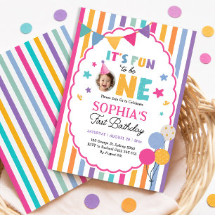 It's Fun To Be One Colorful 1st Birthday Photo Invitation