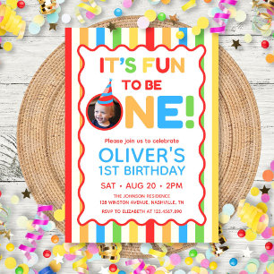 Its Fun To Be One Colorful 1st Birthday Photo Invitation