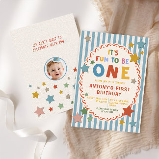 It's Fun to Be One Colorful Photo 1st Birthday Invitation