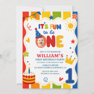 its Fun to Be One Colorful Primary color birthday Invitation