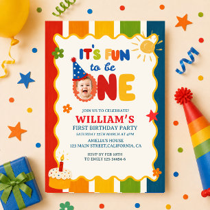 its Fun to Be One Colorful Primary color birthday Invitation