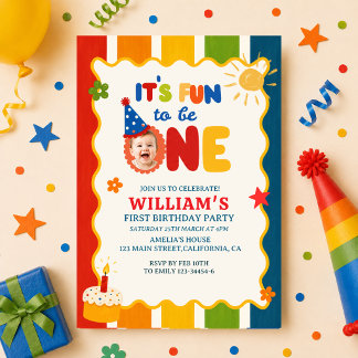 its Fun to Be One Colorful Primary color birthday Invitation