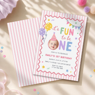 Its Fun To Be One Girl Pink Colorful 1st Birthday Invitation