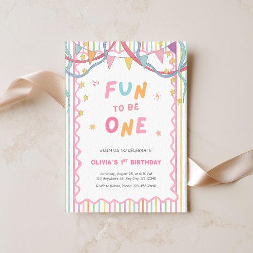 Its Fun To Be One Girl Pink Colorful 1st Birthday Invitation