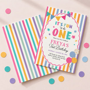 It's Fun to Be One: Girly Stripes 1st Birthday Invitation