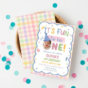 It's Fun to be One Pastel Gingham Birthday Invite
