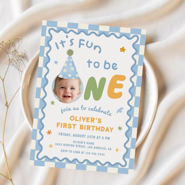 Its Fun To Be One Photo Boy 1st Birthday Invitation (Creator Uploaded)