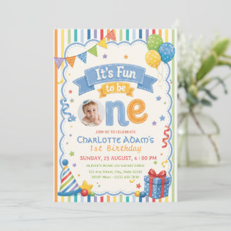 Its Fun To Be One Photo Colorful 1st Birthday Invitation