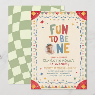 Its Fun To Be One Photo Colorful 1st Birthday Invitation