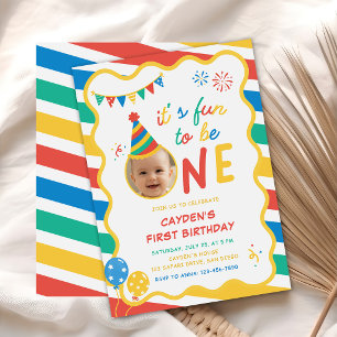 It's Fun To Be One Photo Colorful 1st Birthday Invitation