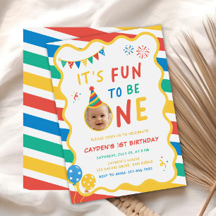 It's Fun To Be One Photo Colorful 1st Birthday Invitation