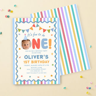 Its Fun To Be One Photo Colorful 1st Birthday Invitation