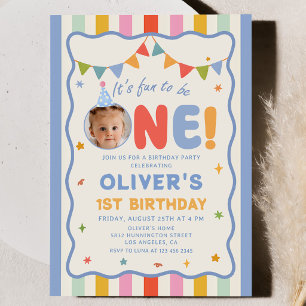 Its Fun To Be One Photo Stripes 1st Birthday Invitation