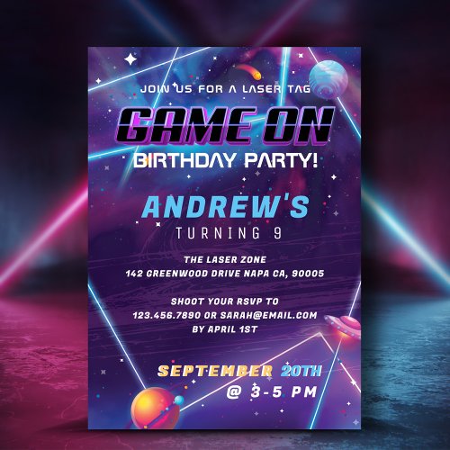 Its Game On Colorful Laser Tag Galaxy Birthday Invitation