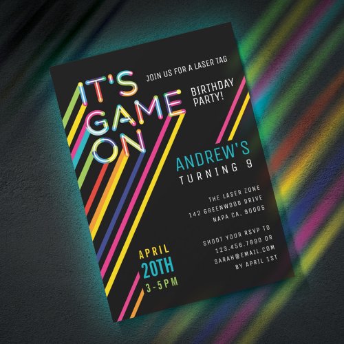 Its Game On Colorful Neon Laser Tag Birthday Invitation