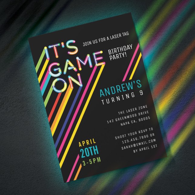 It's Game On Colorful Neon Laser Tag Birthday Invitation (Creator Uploaded)