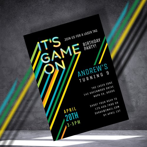 Its Game On Colorful Neon Laser Tag Birthday Invitation