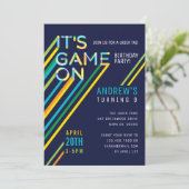 It's Game On Colorful Neon Laser Tag Navy Birthday Invitation (Standing Front)