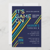 It's Game On Colorful Neon Laser Tag Navy Birthday Invitation (Front)