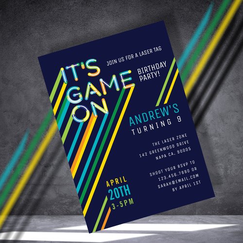 Its Game On Colorful Neon Laser Tag Navy Birthday Invitation